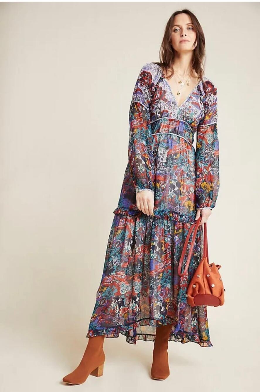 Maeve for Anthropologie Annabella Floral Print Long Sleeve V-Neck Maxi Dress 14